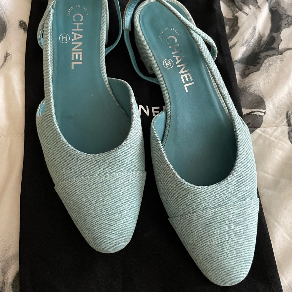 Chanel light blue denim slingbacks flats